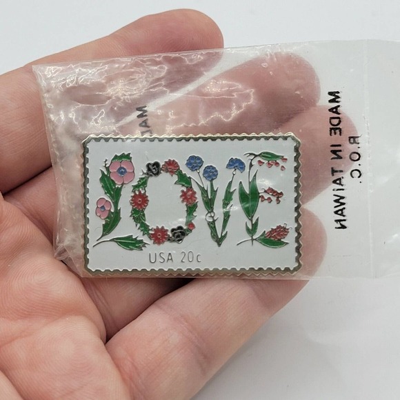 Other - Vtg March Co LOVE Floral Letters Valentine's Day Postage Stamp Enamel Lapel Pin